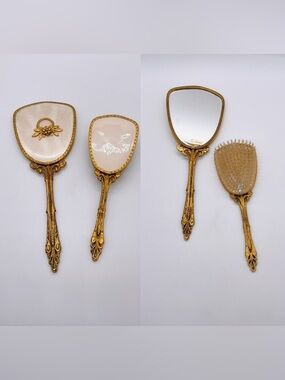 Vtg Gold Plated Hand Mirror And Hair Brush Set Raised Floral Vanity set